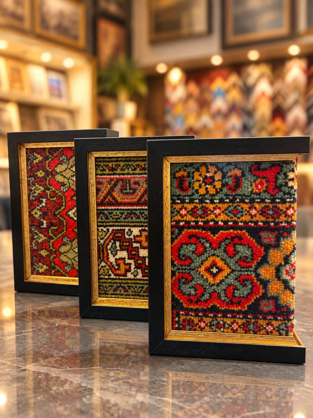 Three framed Azerbaijani rugs