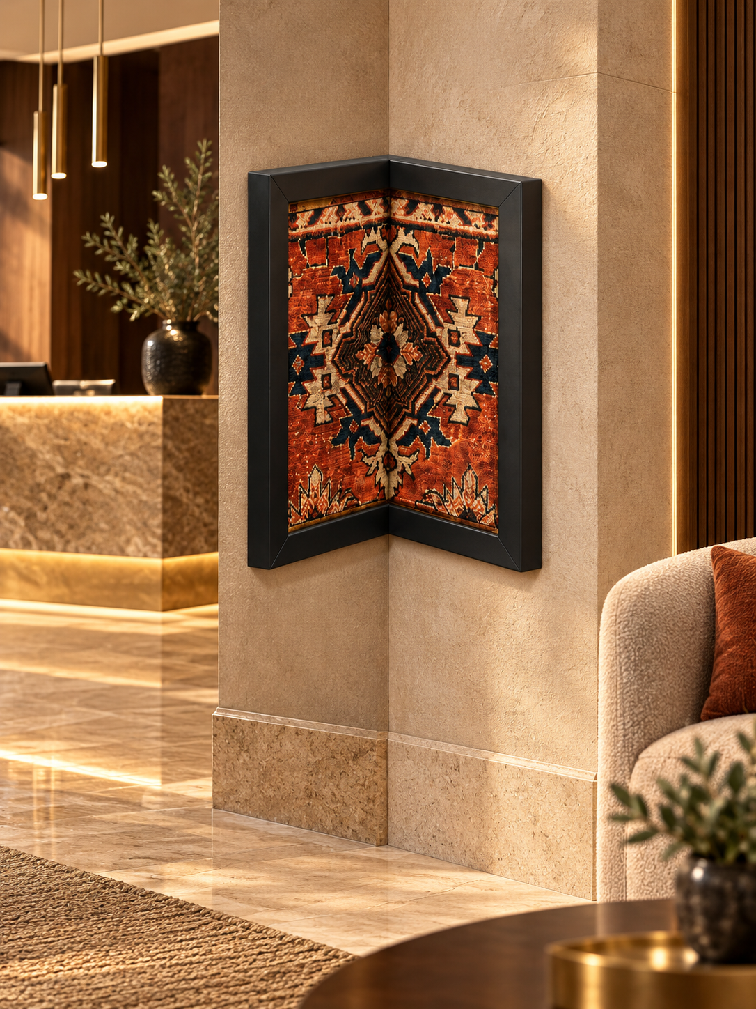 BUCAQ xalça çərçivəsi hotel interyerində divar küncündə